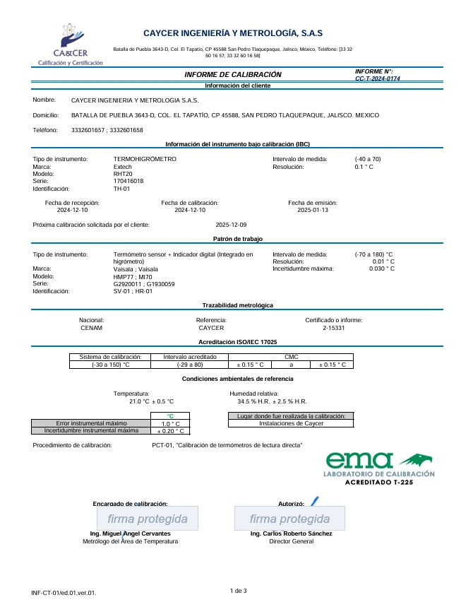 Informe de calibración de un termohigrómetro emitido por CAYCER, mostrando datos del instrumento, del patrón, trazabilidad, condiciones ambientales y sello de acreditación EMA